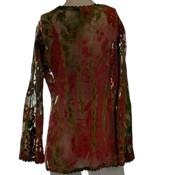 Raj Boho Floral Embroidered Coral & Green Cotton Mesh Tunic Size Medium - Picture 11 of 12